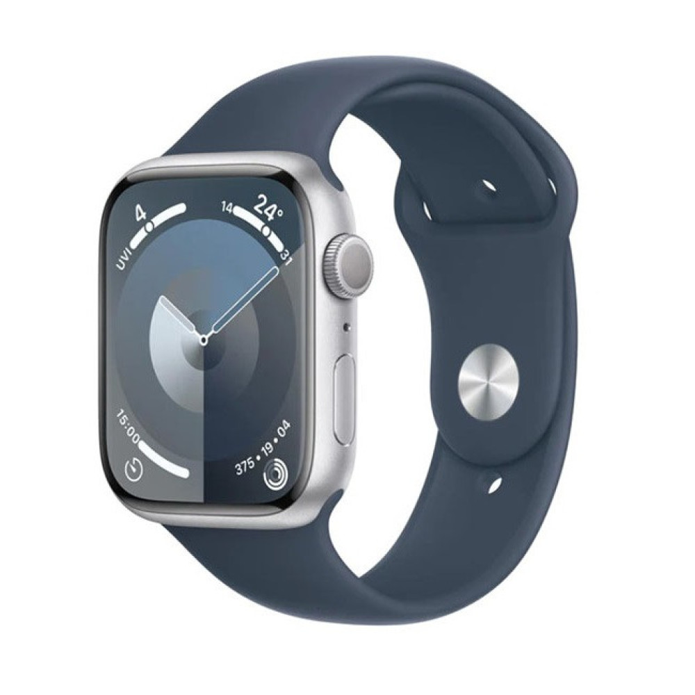 Apple watch 9 45 mm Silver/Storm blue sport band S/M (серебристый алюминиевый корпус/синий спортивный силиконовый ремешок S/M) - фото2