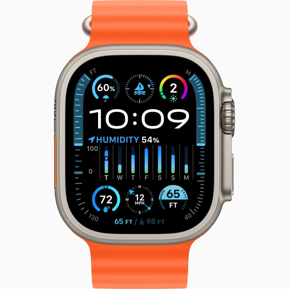 Apple Watch Ultra 2 LTE 49 мм Orange Ocean band (титановый корпус, титановый/оранжевый, ремешок из эластомера) MREH3