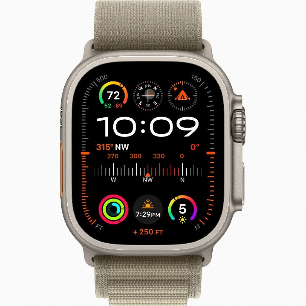 Apple Watch Ultra 2 LTE 49 мм Olive Alpine Loop (титановый корпус, титановый/оливковый, текстильный ремешок размер M) - фото1