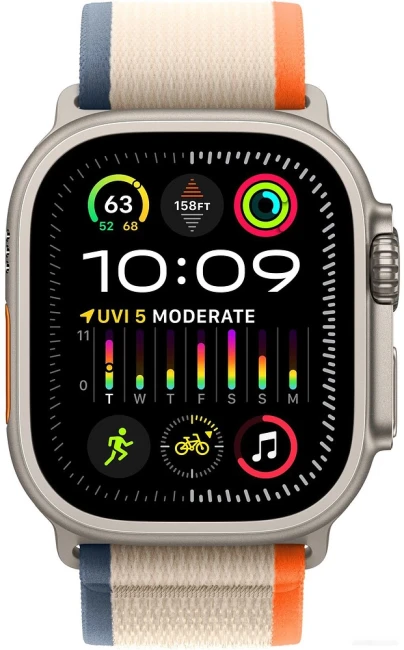 Apple Watch Ultra 2 LTE 49 мм (титановый корпус, титановый/бежево-оранжевый, нейлоновый ремешок размера S/M) - фото2